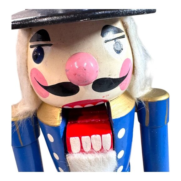 Vintage Wooden Blue Toy Soldier Nutcracker Red Base & Hat Christmas Holiday READ - Picture 5 of 9